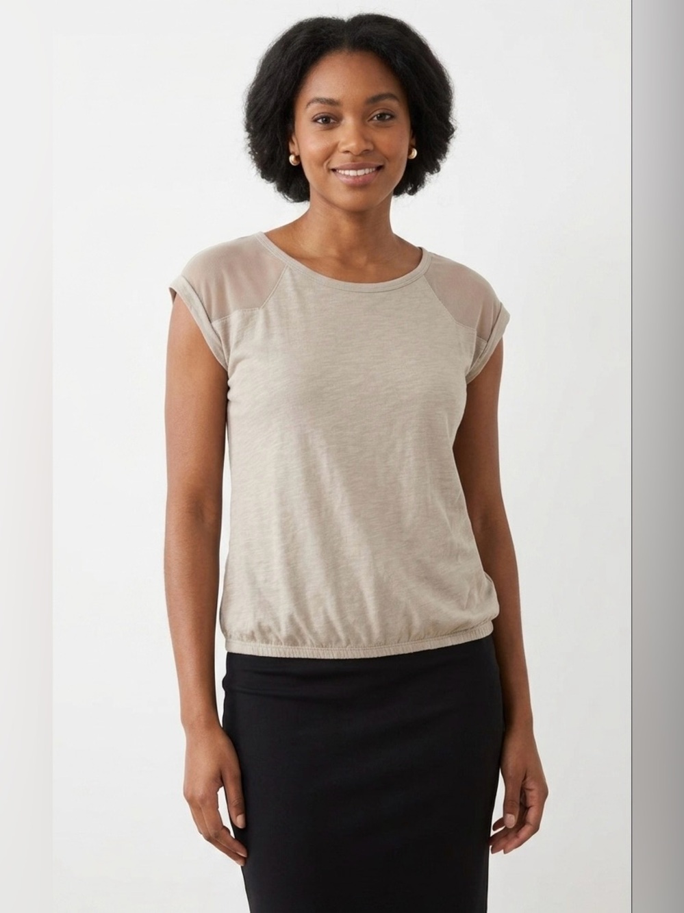 Kismet Mesh Panel Short Sleeve Top in Beige Size Medium with Elastic Hem